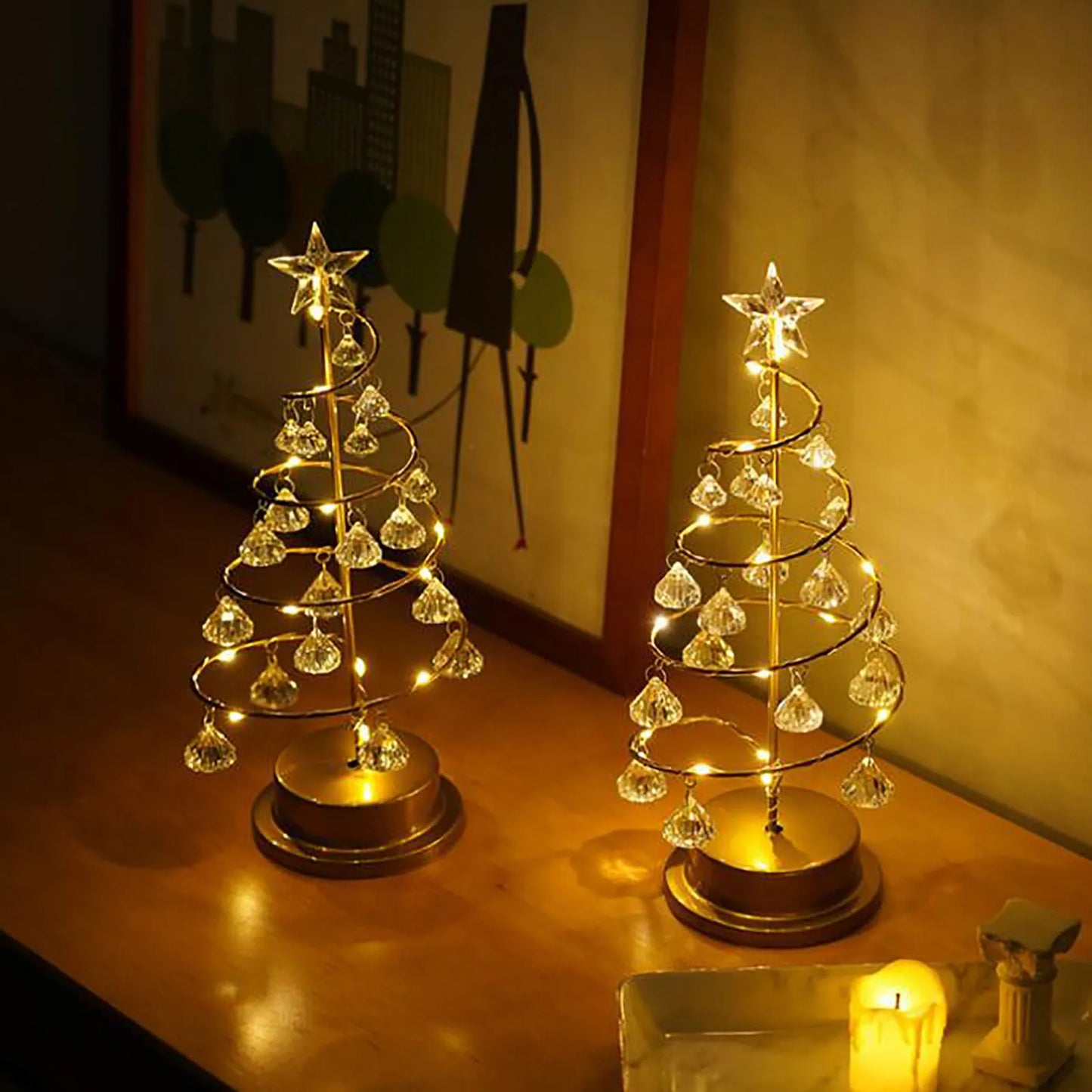 Wrought Iron Crystal Star Night Light – LED Christmas Tree Lantern