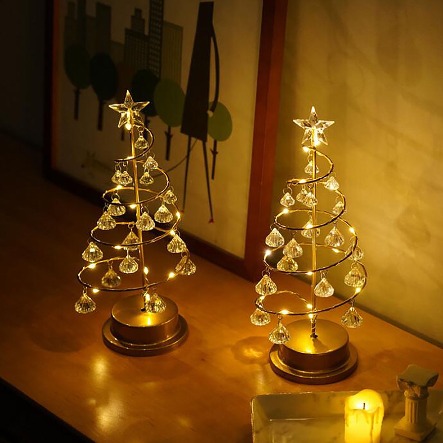 Wrought Iron Crystal Star Night Light – LED Christmas Tree Lantern