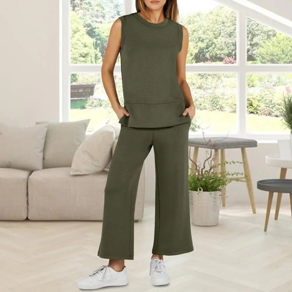 Stylish Women’s Sleeveless Top and Wide Leg Pants Set with Pockets