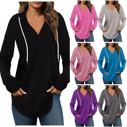 Chic V-Neck Button Down Sweatshirt - Casual Comfy Hoodie for Women