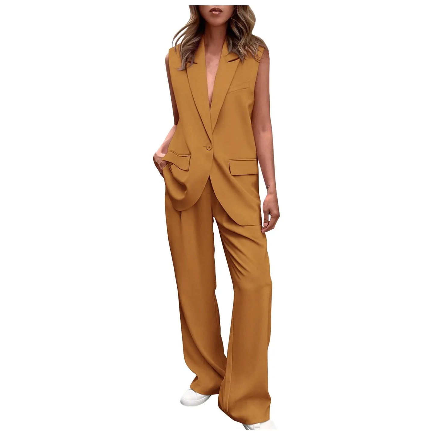 Elegant Women's Two-Piece Business Suit: V-Neck Vest and Wide Leg Pants Set