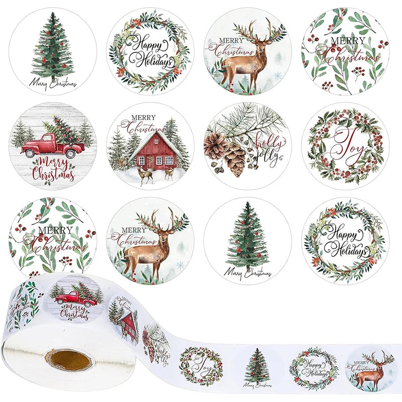 500Pcs Christmas Stickers Roll Xmas Labels Stickers Decor  Merry Christmas Cartoon Packaging Decorations