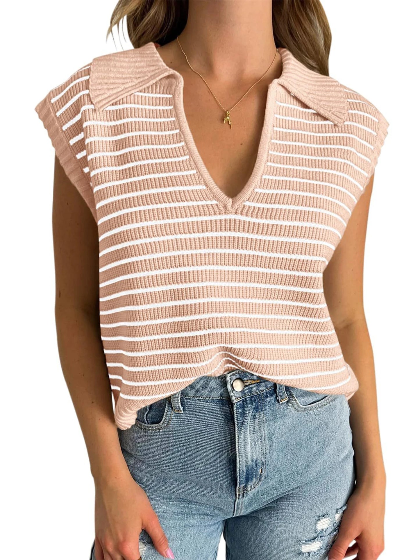 Chic Vintage V-Neck Cap Sleeve Sweater Vest for Women – Spring/Summer 2024 Collection