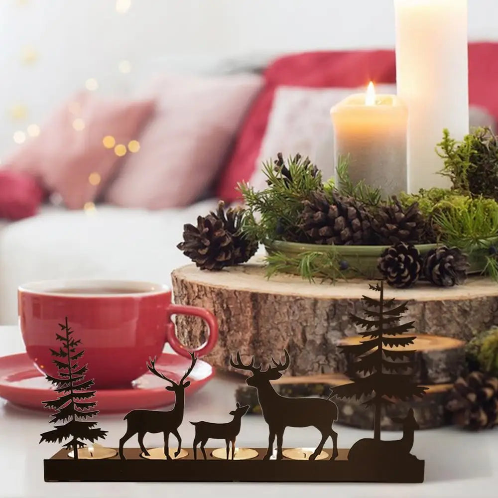 Reindeer Metal Candle Holders Creative Black Wrought Iron Elk Tea Light Candlestick Luminous Christmas Decoration Home Decor