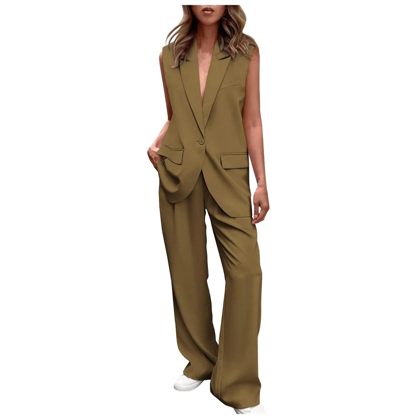 Elegant Women's Two-Piece Business Suit: V-Neck Vest and Wide Leg Pants Set