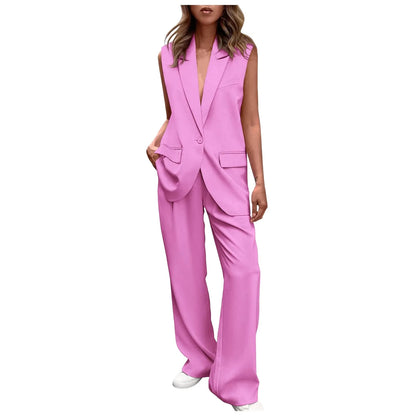 Elegant Women's Two-Piece Business Suit: V-Neck Vest and Wide Leg Pants Set