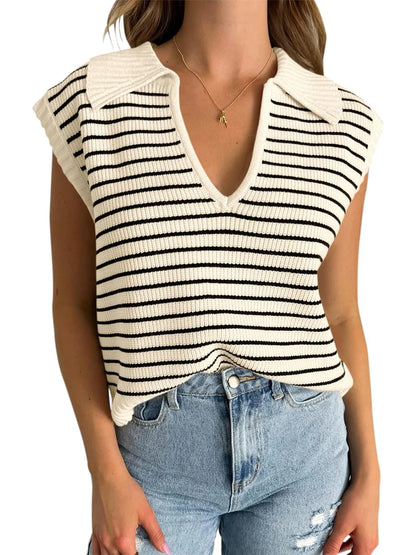 Chic Vintage V-Neck Cap Sleeve Sweater Vest for Women – Spring/Summer 2024 Collection