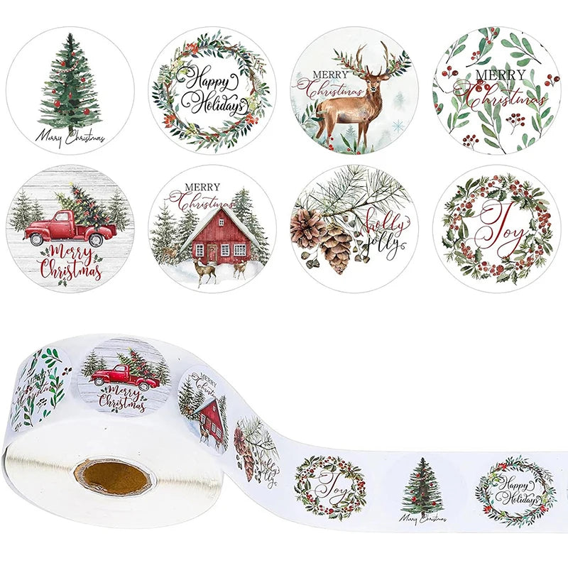 500Pcs Christmas Stickers Roll Xmas Labels Stickers Decor  Merry Christmas Cartoon Packaging Decorations