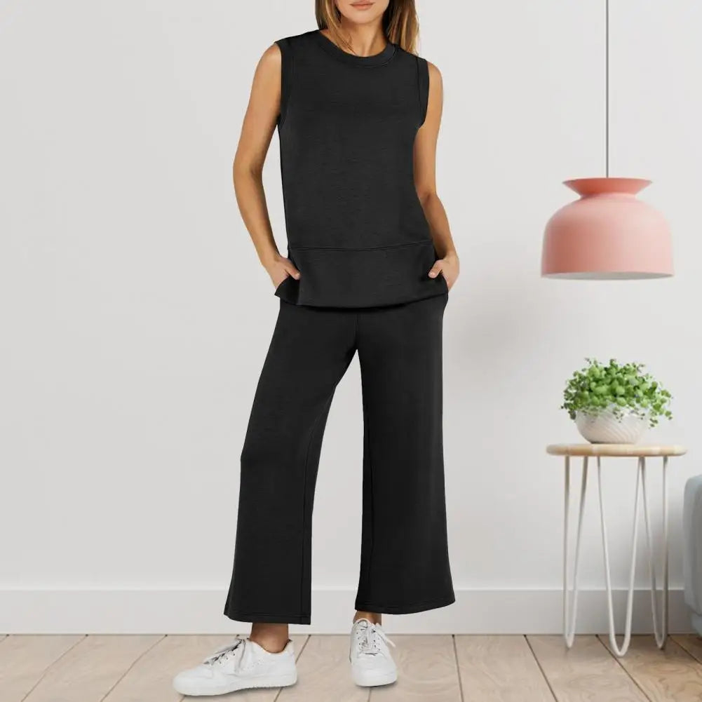 Stylish Women’s Sleeveless Top and Wide Leg Pants Set with Pockets