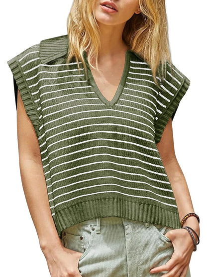 Chic Vintage V-Neck Cap Sleeve Sweater Vest for Women – Spring/Summer 2024 Collection